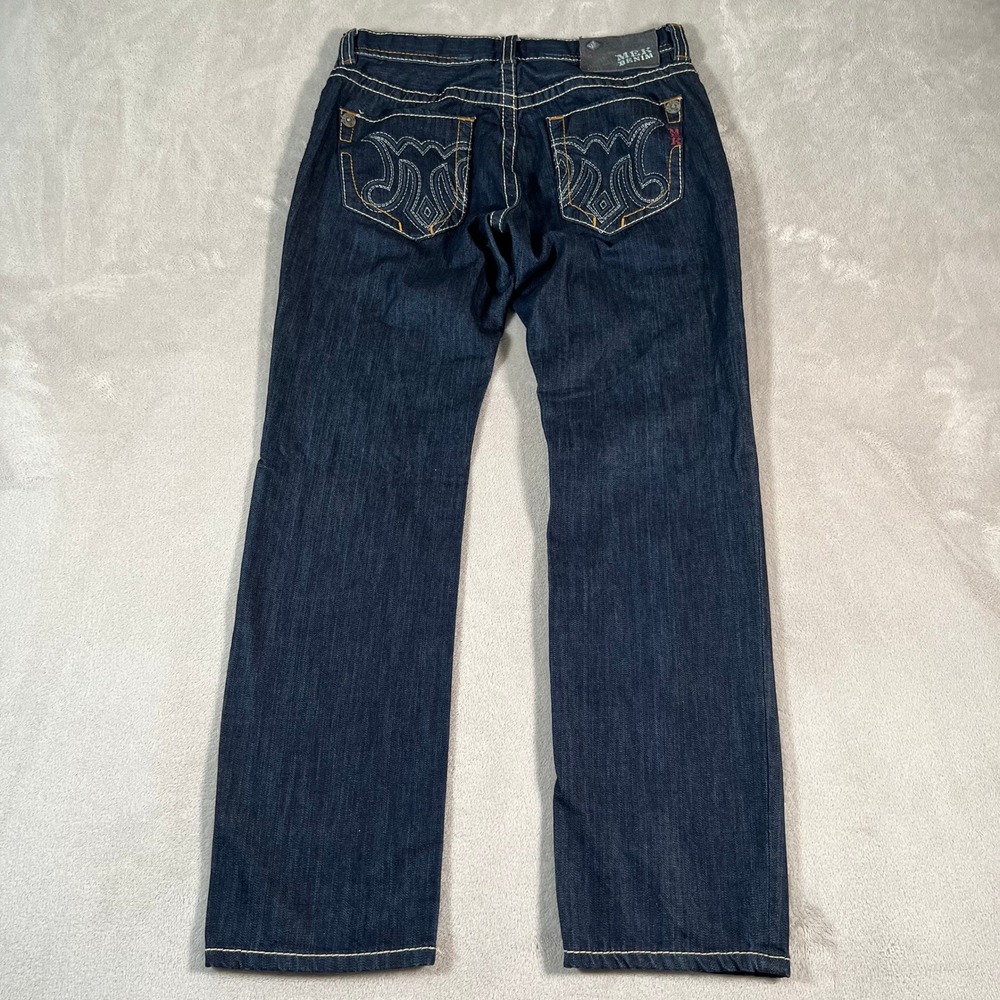 Mek Denim Jeans Men's 34x32 New Paris Slim Straight Dark Wash Grunge Embroidered